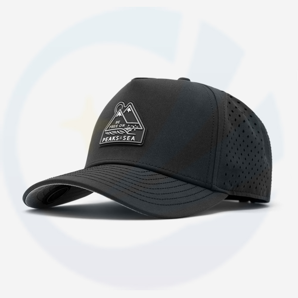 Voor mannen Custom PVC Patch 5 Paneel zwarte laser geperst geperforeerd gat snel droge honkbal gestructureerde dad caps prestatie golf hoed