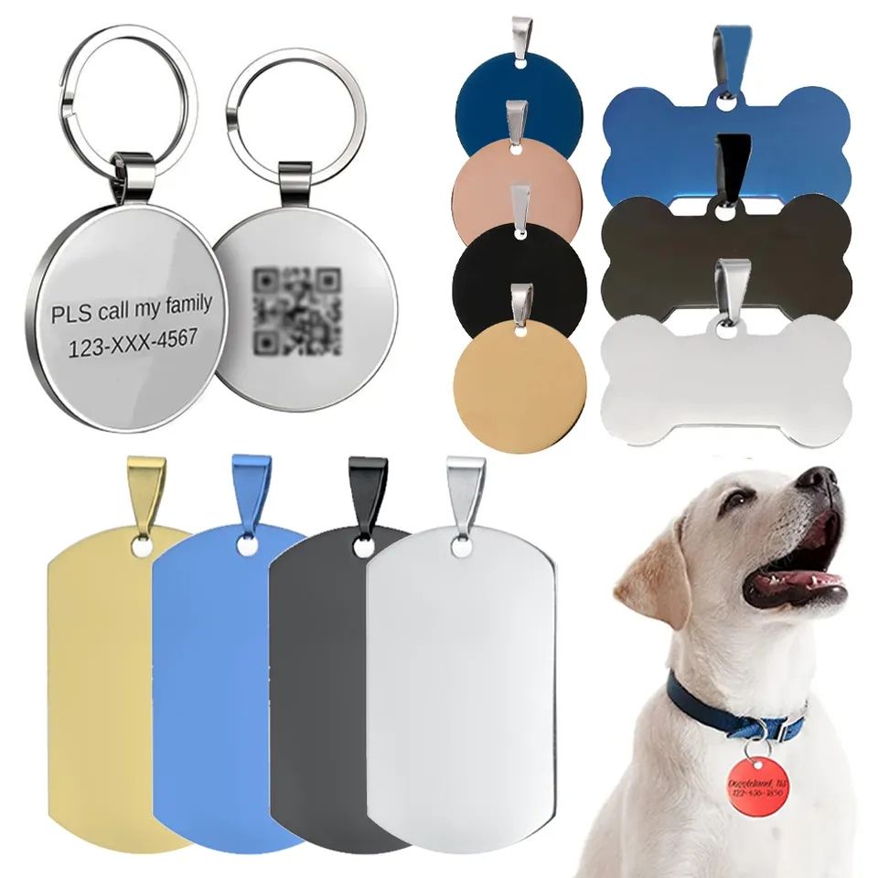 Aangepaste laser gravure logo huisdier tag metaal blanco sublimatie hond id tags roestvrij staal zilveren sleutel hond tag met sleutelhanger