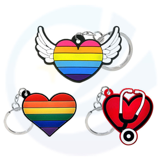 Aangepaste hartvorm Rubber Rubber Medische sleutelhanger Key Chain 2d Gay Pride LGBT Rainbow PVC Silicone Keychain met ring